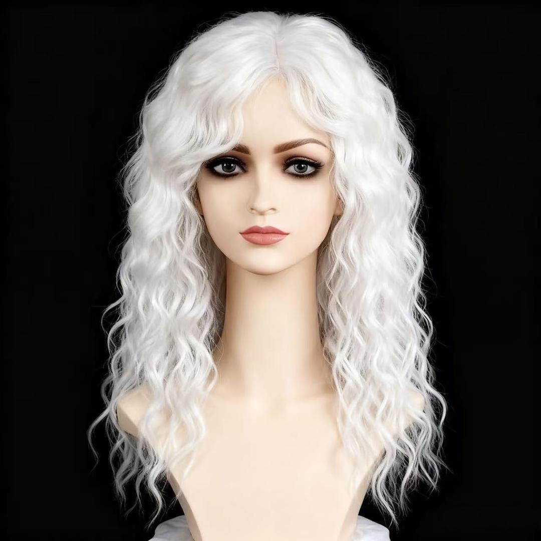 White Curly Wigs with Bangs for Women Long Soft Curly Wavy Wigs Natural Synthetic Hair Party Halloween Costume Cosplay Wigs