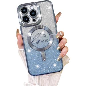 Fiyart Designed for iPhone 15 Pro Max Case,Compatible with MagSafe Love Heart Plating Camera Protection TPU Magnetic Glitter for Women Girls Shockproof Phone Bumper 6.7"-Blue