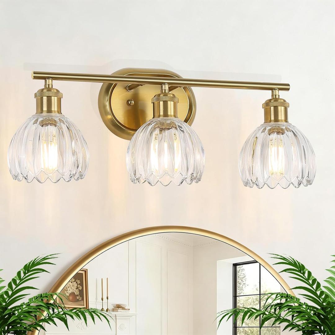 3-Light Bathroom Light Fixtures, Gold Vanity Lights for Bathroom with Ribbed Clear Tulip Glass Shade, Brass Vintage Wall Scone Lighting Over Mirror for Farmhouse,Bedroom,Living Room,Hallway