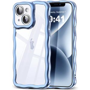 4 x SKYLMW Compatible with iPhone 14 Plus Case, Kawaii Cute Curly Wave Frame Luxury Plating Edge, Stylish Glossy Clear Back, Soft TPU Shockproof Protective Cases for iPhone 14 Plus, Blue