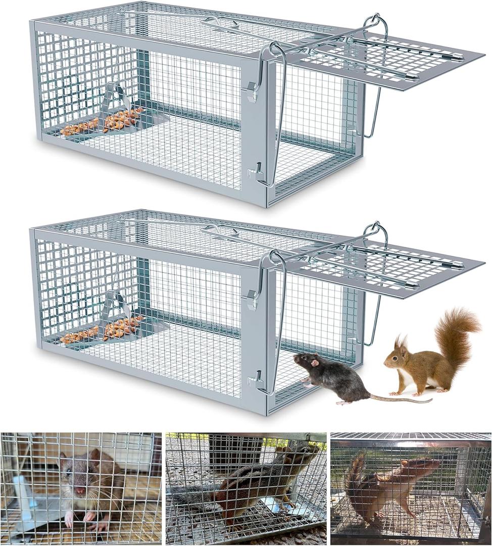 2 Packs Humane Rat Trap Outdoor, Wanqueen Humane Mouse Traps Indoor, Small Rodent Chipmunk Trap and Other Live Animal Cage Catch and Release