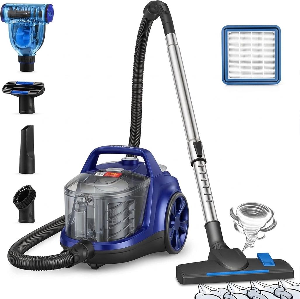 Aspiron Canister Vacuum Cleaner, Lightweight Bagless Vacuum Cleaner, 3.7QT Large Dust Cup, Automatic Cord Rewind, 5 Tools, HEPA Filter, Variable Speed Portable Vacuum for Hard Floors, Pet, Car, Blue