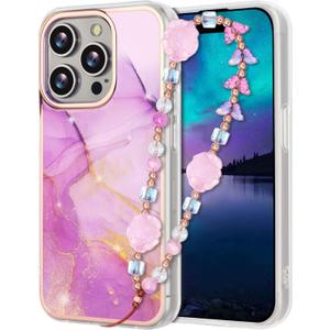 Compatible with iPhone 16 Pro Max Case for Women Girls, Girly Cute Phone Case for iPhone 16 Pro Max with Flower Phone Charm Lanyard, Shockproof Hard Protective Case 6.7 Inch Purple Marble