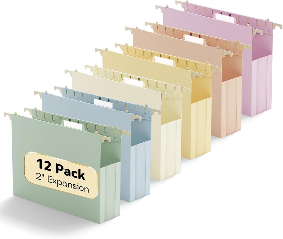 Plastic Extra Capacity Hanging File Folder Letter Size,Expanding Hang Folder with Tab,Heavy Duty 2" Expansion Accordian Pocket,12 Pack Reinforced Pastel Color Filing Cabinet Folders,No Assembly