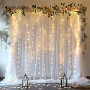 ESGOTBME 10x10ft White Tulle Backdrop Curtain with Lights String for Wedding Parties Sheer Curtain Backdrop for Birthday Party Bridal Baby Shower Photography Background Home Decoration