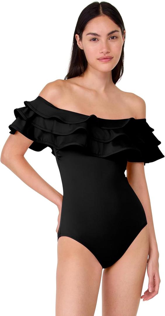 kate spade new york Women's Solid Ruffle One Piece (Black, M)