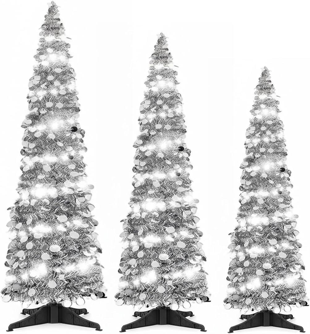 Leyndo 3 Pcs 3 4 5 ft Collapsible Artificial Christmas Tree with LED Light Pre Lit Silver Sequined Pop Up Tinsel Pencil Skinny Xmas Tree for Indoor Home Fireplace Decoration
