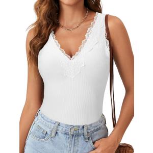 Rooscier Women's Lace Patchwork Sexy Deep V Neck Knitted Vests Undershirt Camis Tank Tops (White, S)