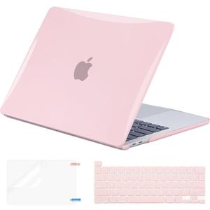 EooCoo Pink Case Compatible with MacBook Pro 13 inch M2 2022, 2020-2017 Release M1 A2338 A2289 A2251 A2159 A1989 A1706 A1708 Glossy Hard Case with Keyboard Cover, Screen Protector, Crystal Pink