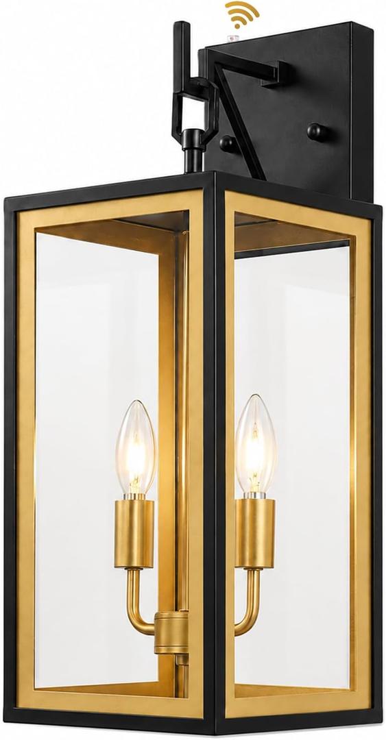 20.5" Extra-Large Outdoor Wall Lantern Farmhouse Dusk to Dawn Outside Sconce Black and Gold Oversized Coach Lantern 2 Light Porch Light with Tempered Glass for House Villa Garage Patio Wall Light