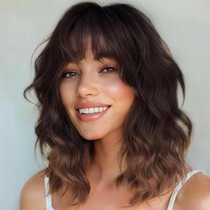 Short Wig with Bangs Ombre Brown Wavy Wig for Women Natural Looking Synthetic 14 Inch Bob Hair for Daily Cosplay Party Use
