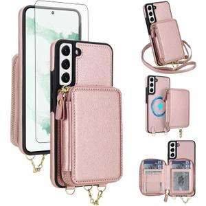 Phone Case for Samsung Galaxy S22 5G Wallet Zipper Handbag Cover and Screen Protector Crossbody Lanyard Strap 2-in-1 Magnetic Detachable Compatible with MagSafe RFID Blocking Flip S 22 Rose Gold
