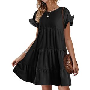 Chuanqi Womens Ruffles Boho Floral Printed Babydoll Loose Swing Casual Short Mini T-Shirt Dress (Large, Black)