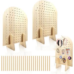 SMUVSMU 2 Pcs Wooden Pegboard Display Stand for Jewelry Keychains 25 Dowel Rods Accessories Rack, Earrings Organizer with Oval Pegboard Design for Craft Shows, Boutique Retail,Vendor Displays