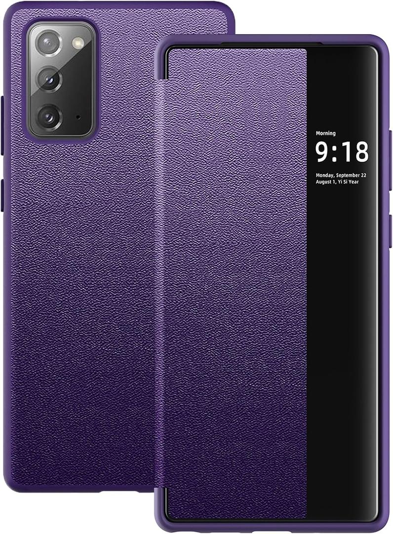 Note 20 Flip Case for Samsung Galaxy Note 20 5G Case, Clear View Slim PU Leather Shockproof Cover for Samsung Note 20 Phone Case Rugged Hard PC Silicone 360 Anti-Scratch Protective Case (Purple)