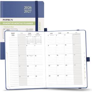 POPRUN Monthly Planner 2026-2027, Medium-6.25'' x 8.5'', 18-Month Calendar Book (Jan.26 - Jun.27), Calendar Planner with Monthly Tabs, Storage Pocket, Hardcover, 100 GSM Paper - Navy Blue