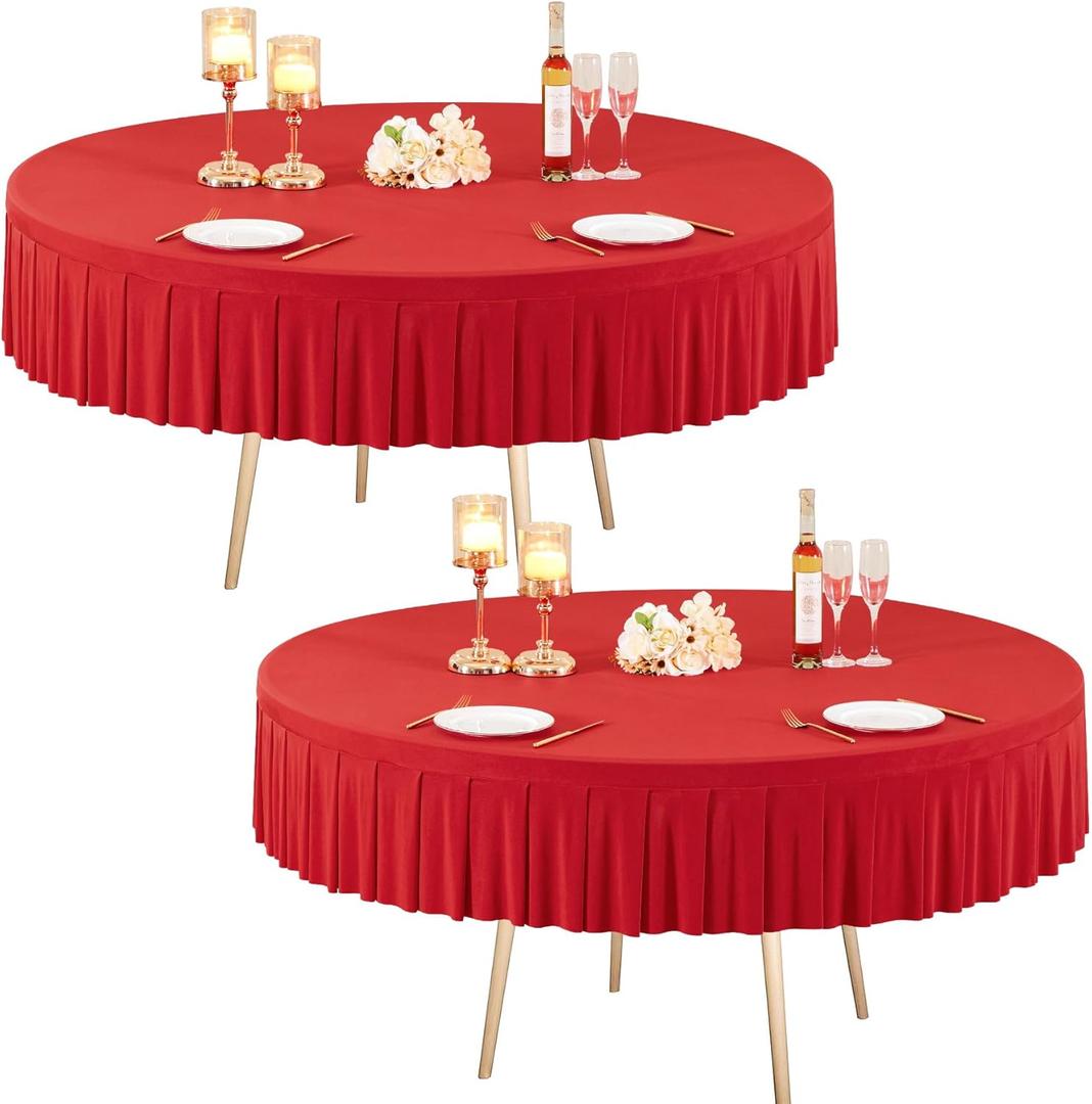 2 Pack Red Spandex Round Tablecloths for 60 inch Table, Stretchy Fitted 5FT Round Table Cloths Wrinkle Free Round Table Covers with Table Skirt for Valentine's Day Wedding Banquet Birthday Party