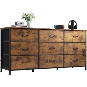 WLIVE 47''W Dresser for Bedroom, Dresser TV Stand for 45, 50, 55 inch TV, Wide Chest of Drawers with 9 Drawer, Large Entertainment Center, Fabric Dressers with Wood Top for Living Room, Rustic Brown, Regular Size