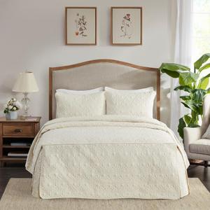 Madison Park Quebec Split Corner Quilted Bedspread Classic Traditional Design All Season, Lightweight, Bedding Set, Matching Shams, King, Damask Quilted Cream 3 Piece