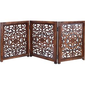 Wooden Foldable Pet Dog Safety Gate - 3 Panel 20" W x 24" H - Hand Carved Suzani Free Standing Portable Indoor Puppy Gate - Doorway Hall Stairs Dog Fence - Assembled - Pecan Brown - IRONGATE