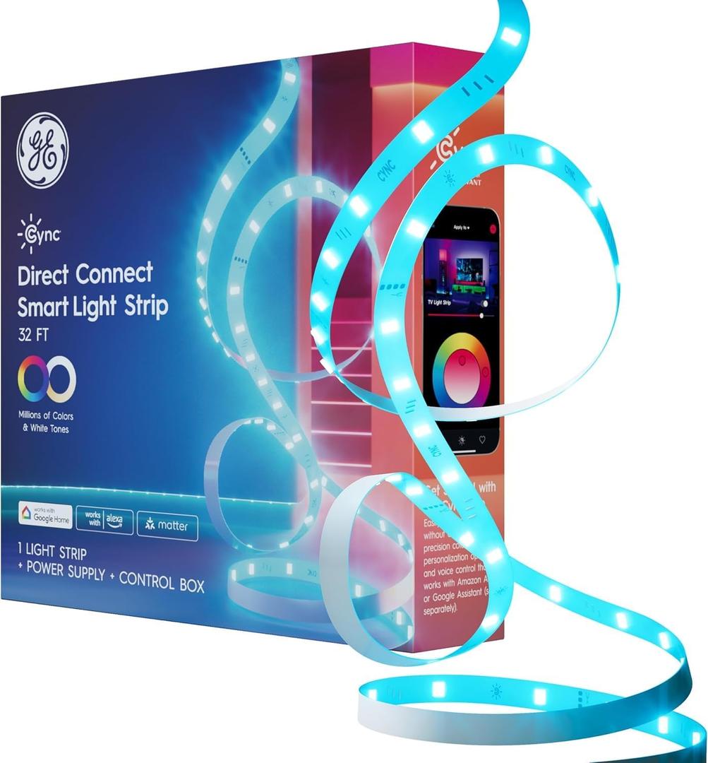 GE Cync Smart LED Strip Light, Color Changing Room Decor LED Light Strip, Works with Alexa and Google Home, Matter Compatible, LED Lights for Bedroom, Millions of Colors and White Tones, 32 Feet