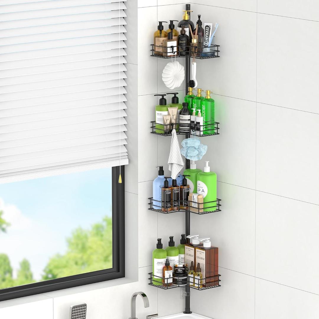 HuggieGems Adjustable Corner Shower Caddy Organizer Rack Shelves, Bathroom Shelf Storage, 4 Tier, Black, 2 Ways of Installation