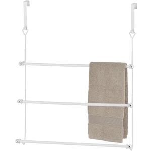 MyGift 3-Tier Over The Door Towel Holder, Bathroom Door Towel Bar, Over Shower Door Bath Shetts Drying Rack for Small Spaces, White Metal