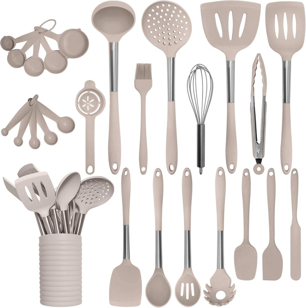 Home Hero Silicone Kitchen Utensils Set, Dishwasher Safe Stainless Steel, Utensils For Cooking, Spatula Set Silicone Heat Resistant (26 Pcs - Stone)