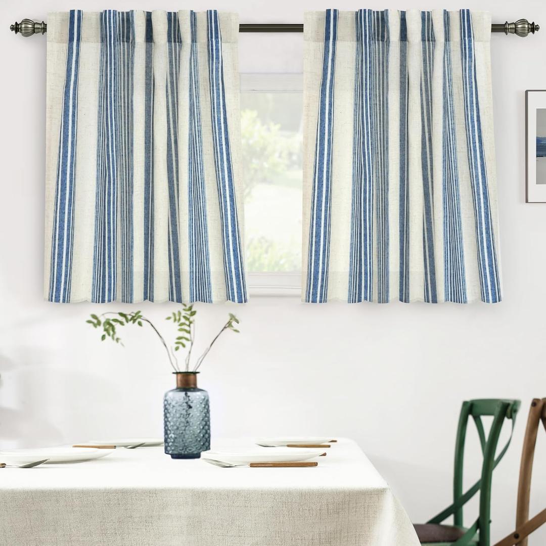 DriftAway Farmhouse Vertical Striped Linen Blend Textured Light Filtering Semi Sheer Curtains for Living Room Bedroom 36 Inches Long Drapes 2 Panels Broad Striped Linen Jean Navy  52"W x 36"L (Pack of 2) DriftAway Farmhouse Vertical Striped Linen Blend Textured Light Filtering Semi Sheer Curtains for Living Room Bedroom 36 Inches Long Drapes 2 Panels Broad Striped Linen Jean Navy  52"W x 36"L (Pack of 2)