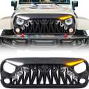 Front Grill Compatible with 2007-2018 Jeep Wrangler JK JKU, Shark Grille w/DRL Turn Signal Lights, Matte Black