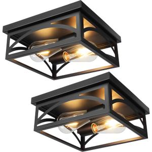 Black Flush Mount Ceiling Light Fixtures, Industrial Outdoor Ceiling Light | Farmhouse Rustproof Square Close to Ceiling Light with Heat Insulation, for Porch Kitchen Hall Bedroom, 2 Pack, 10 Inch, E26