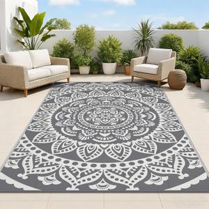 Bsmathom Waterproof Outdoor Rug 5'x8' Reversible Boho Plastic Straw Patio Deck Camping Rugs, Indoor Outdoor Portable RV Mat Clearance Carpet for Outside, Porch, Balcony, Backyard, Beach, Pool,Grey