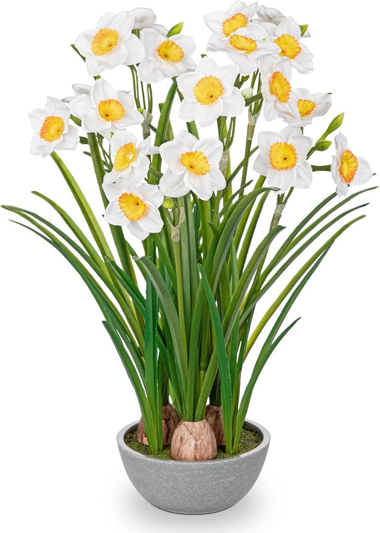 Artificial Flowers in Pot 16" Fuax Daffodil Potted Flowers Plant Decor Room Farmhouse Fake White Flower Plants Centerpieces Desktop Spring Summer Flowers Home Decor Indoor for Living Room Kitchen