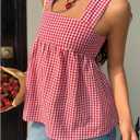 WDIRARA Women's Linen Tie Back Tank Top Square Neck Plaid Peplum Babydoll Tops (Red, M)