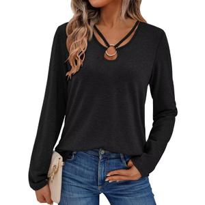 Women's Long Sleeve Tops Keyhole Neck Detail Crew Neck Shirts Ring Cut Out Design Stretchy Tees 2025 (Medium, Black)