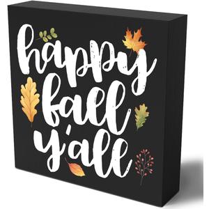 2 x Funny Autumn Leaves Wooden Box Sign Plaque Happy Fall Y'all Wood Box Sign Rustic Art Home Shelf Desk Decor 5 X 5 Inches