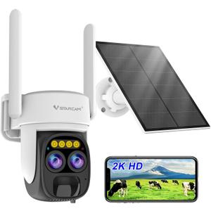 VSTARCAM Solar Camera Outdoor Wireless No Subscription, Dual Cameras, 2K UHD with 10 Zoom, 100% Wire-Free with Battery Powered, 360 Panoramic View, PIR Motion Detection, Siren, 2-Way Audio,IP66