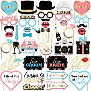 AMFEOV 40pcs Photo Booth Props - Wedding Party Supplies Decorations for Photobooth - Glitter Gold Pink Teal Selfie Props
