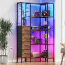 AFLUI Corner Bookshelf with LED Light Strips & 4 Fabric Drawers, 5-Tier Convertible Corner Shelf with Display Shelf, Large Wood Industrial Bookcase for Living Room, Bedroom, Home Office, Rustic Brown