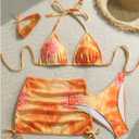 SHENHE Women's 3 Piece Floral Swimsuits Triangle Halter High Cut Bikini Set with Cover Up Skirt (M)
