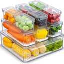 KUMD 10-Pack Clear Fridge Organizer Bins with Lids, Stackable Refrigerator Storage Containers, BPA-Free with Drain Tray & Anti-Slip Base for Fruits, Veggies, Drinks