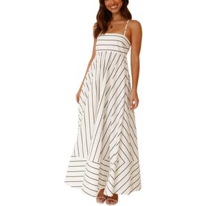 chouyatou Women's Summer Striped Spaghetti Strap Maxi Dress Boho Flowy Swing Back Smocked Beach Sundress (White)