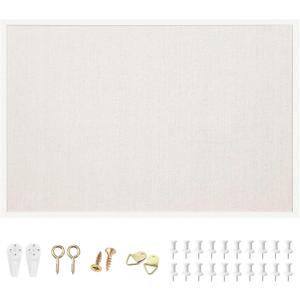 OWLKELA 24'' x 36'' Linen Bulletin Board, White Framed Corkboard, White Oak Frame Linen Cork Board, Vision Board and Decorative Hanging Pin Board