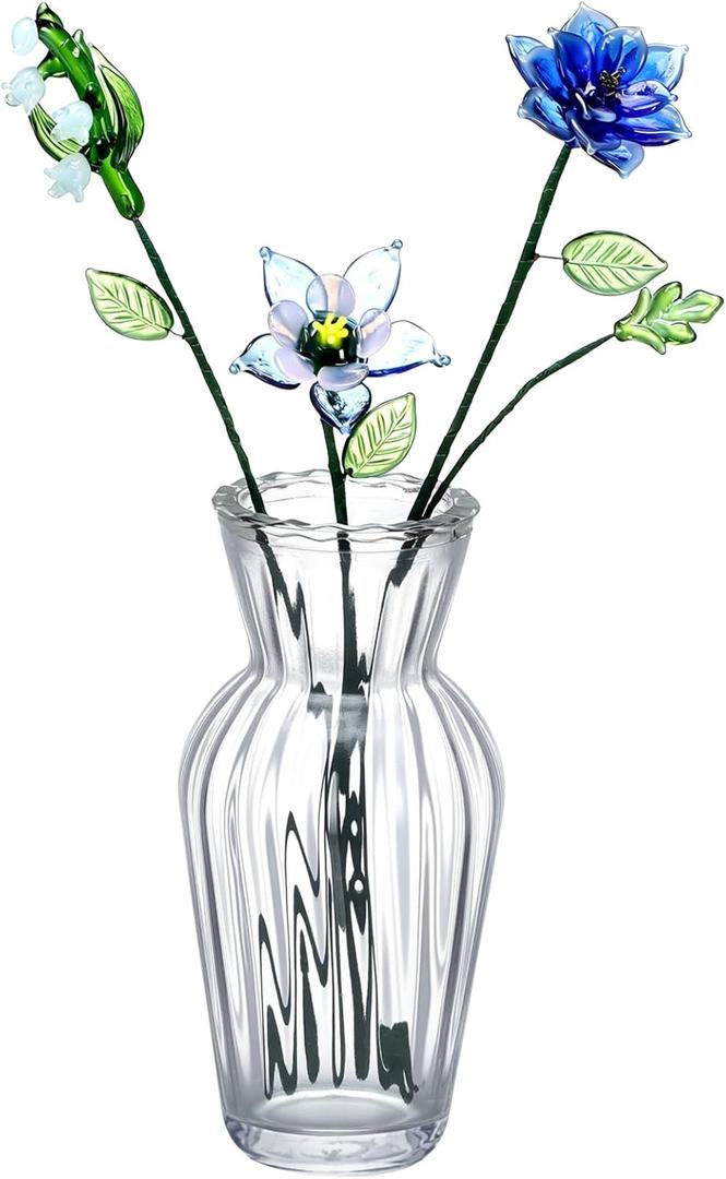 HunnmingRe 5 Pcs Glass Flowers with Vase, May Birth Month Flower Decor, Handmade Blown Glass Birthday Flower Bouquet, Birthday Gifts for Mom Women, Home Office Table Centerpiece Wedding Decor