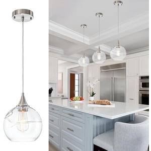 WILON Pendant Light Fixture with Clear Globe Round Glass Shade, Brushed Nickel Glass Pendant Lights Lamp for Kitchen Island, Modern Adjustable Ceiling Hanging Light for Sink Dining Room Entryway