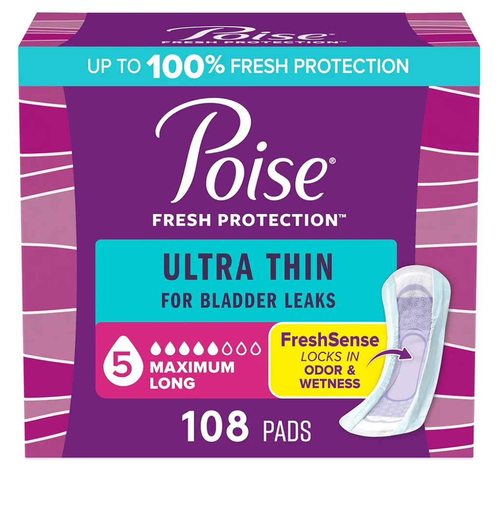 Poise Ultra Thin Incontinence Pads & Postpartum Pads for Bladder Leaks, 5 Drop Maximum Absorbency, Long Length, 108 Count, Packaging May Vary