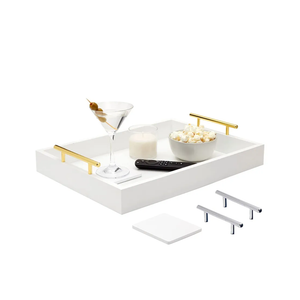 White Serving Tray with Handles and Coasters - Decorative Coffee Table Tray with Interchangeable Gold and Silver Handles, 16.57 x 12.2 x 3.1 inches