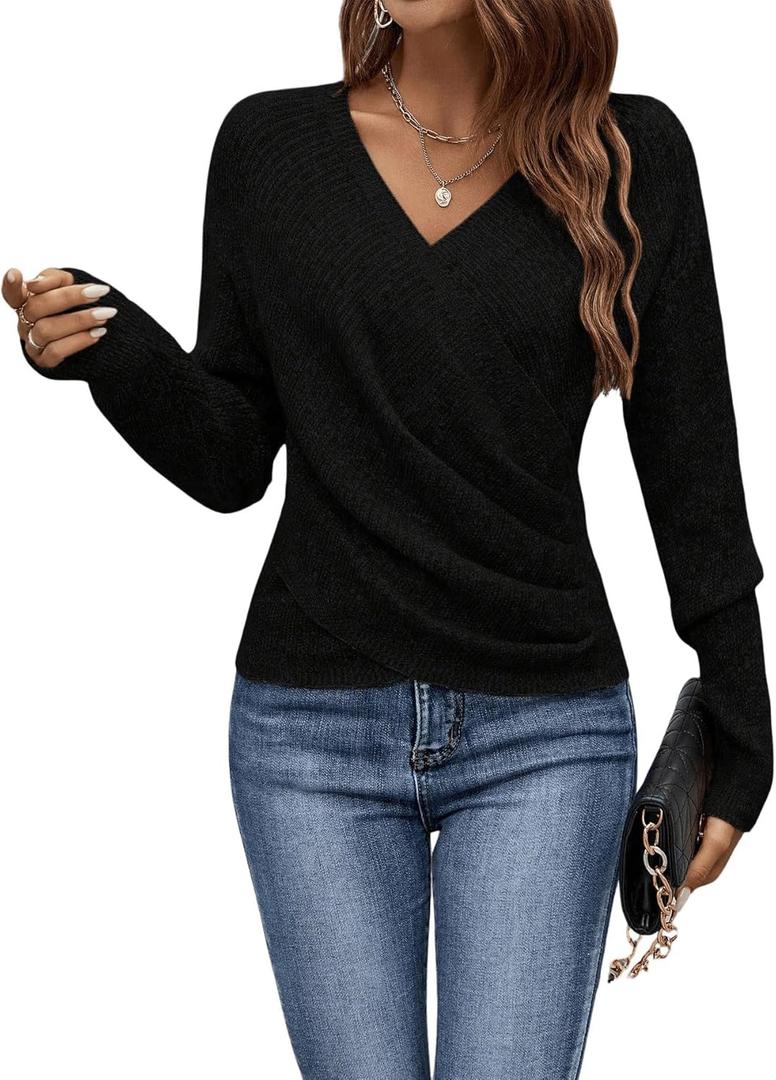 SOLY HUX Women's V Neck Long Sleeve Off Shoulder Sweaters Criss Cross Wrap Ruched Pullover Fall Tops (Medium, Plain Black)