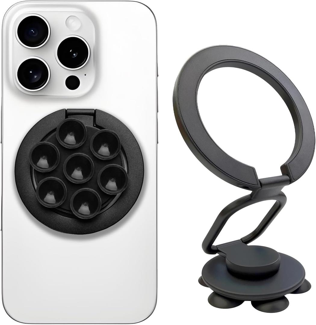 Magnetic Phone Holder wtih Suction Cup, Multifunctional Cell Phone Stand, Mount, Ring Grip, Kickstand Compatible with iPhone 16/15/14/13/12 Series and Magsafe Case (Black)