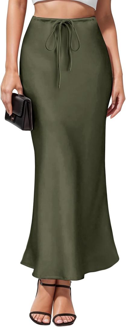 Women's Maxi Skirts Satin Drawstring High Waisted Silk Elegant Flowy Casual A-Line Long Skirt for Women (Green, S)